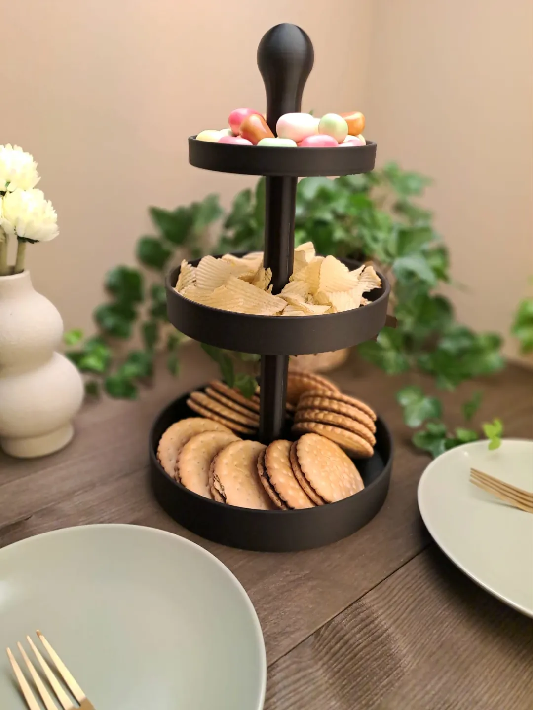3-Tier Interlocking Snack Tray – Modern Serving Stand for Cookies, Cakes, Pastries – Elegant Display for Parties & Gatherings