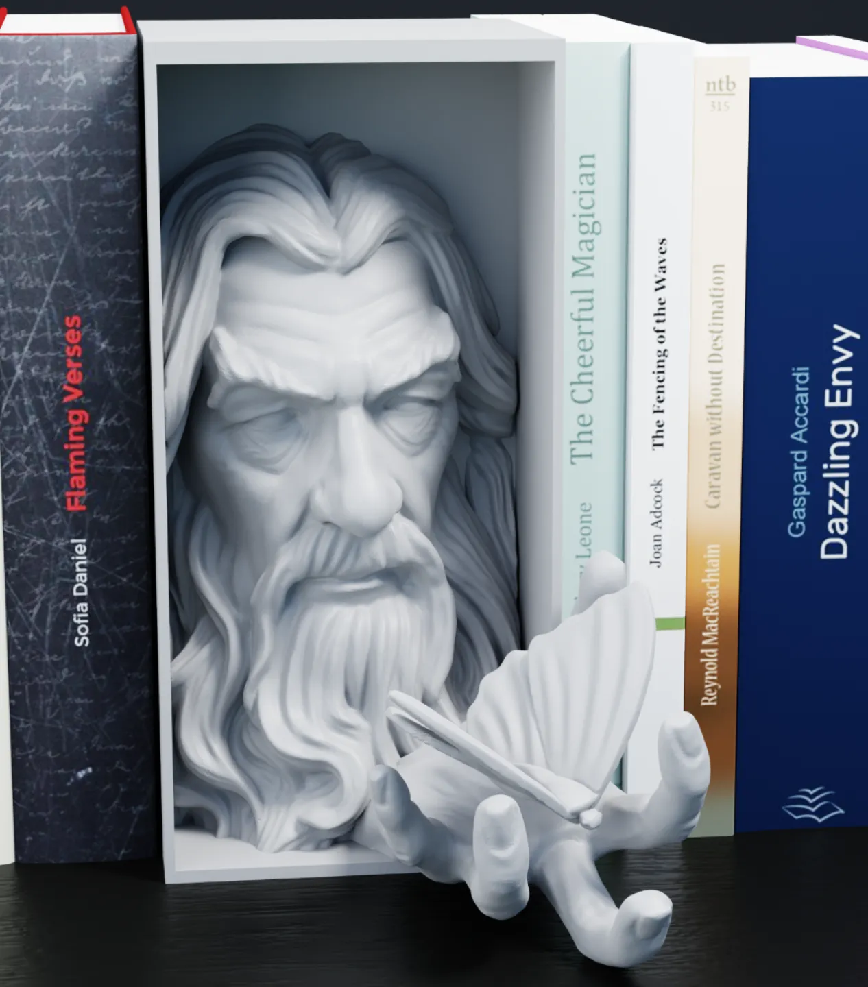 Gandalf Book Nook Insert – 3D Printed Wizard Shelf Decor with Butterfly and Hand – Lord of the Rings Inspired Gift