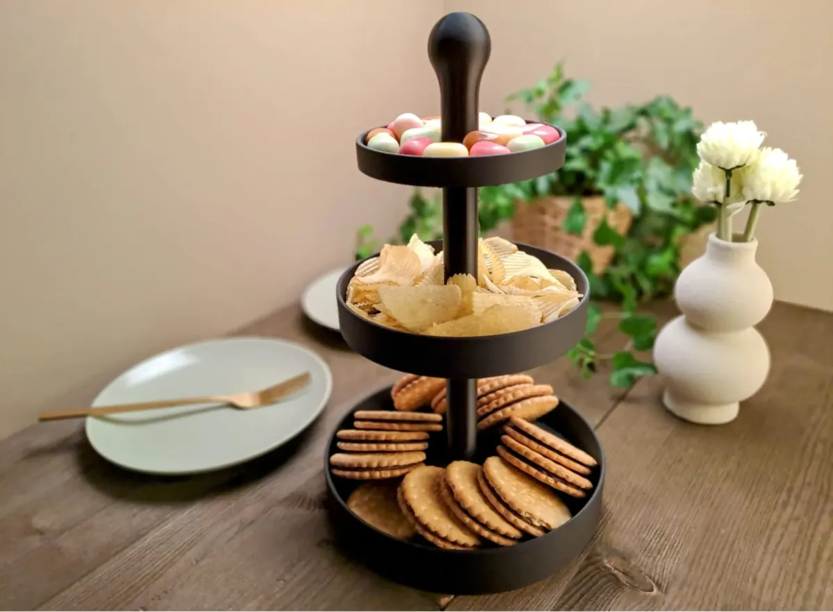 3-Tier Modern Snack Tray Matte Black & White Party Serving Stand