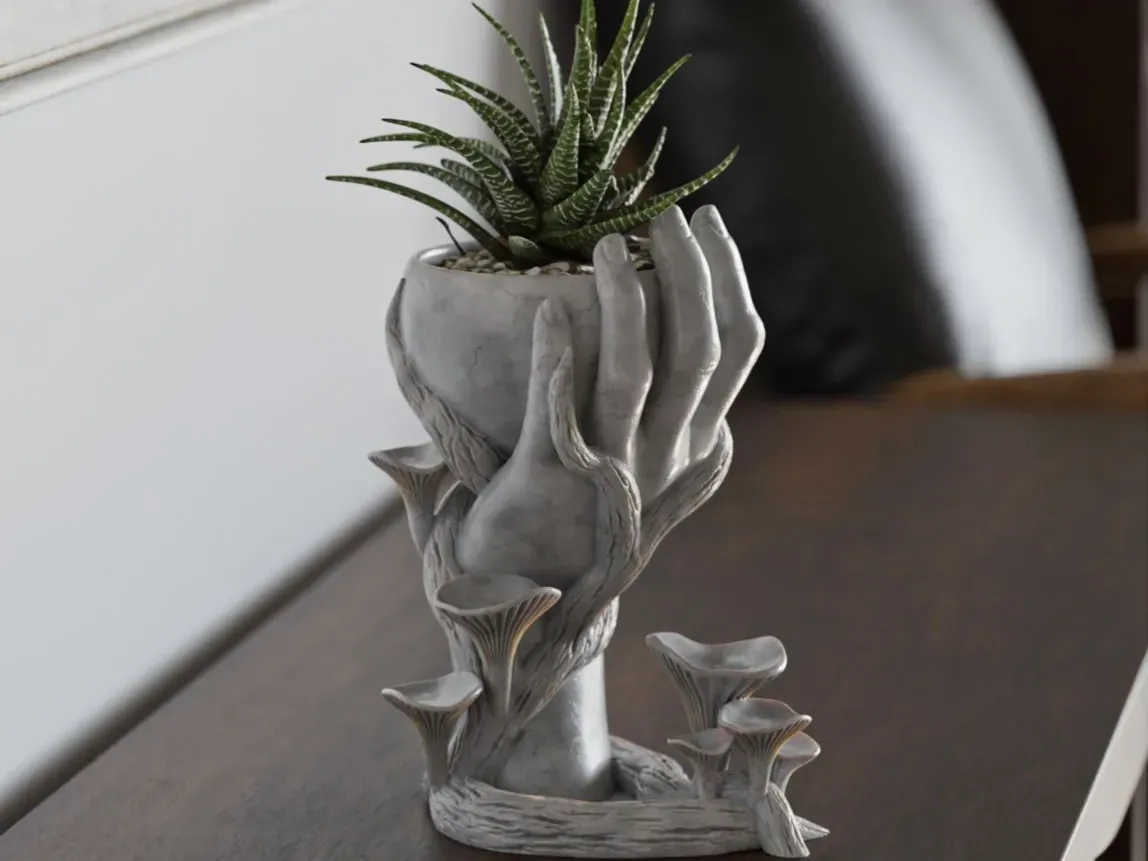 Artistic Hand and Mushroom Planter Unique Modern Decorative Pot