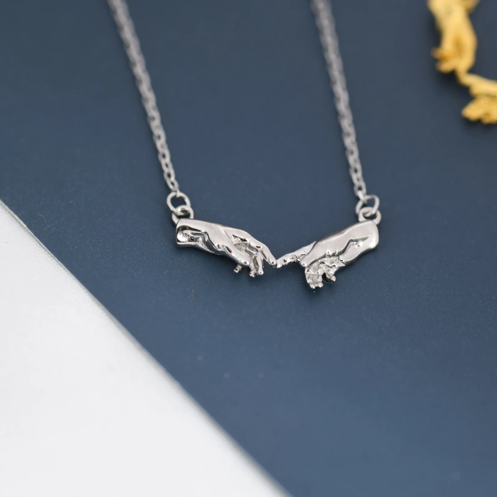 Sterling Silver Hand Necklace, Creation of Adam Necklace, Silver or Gold
