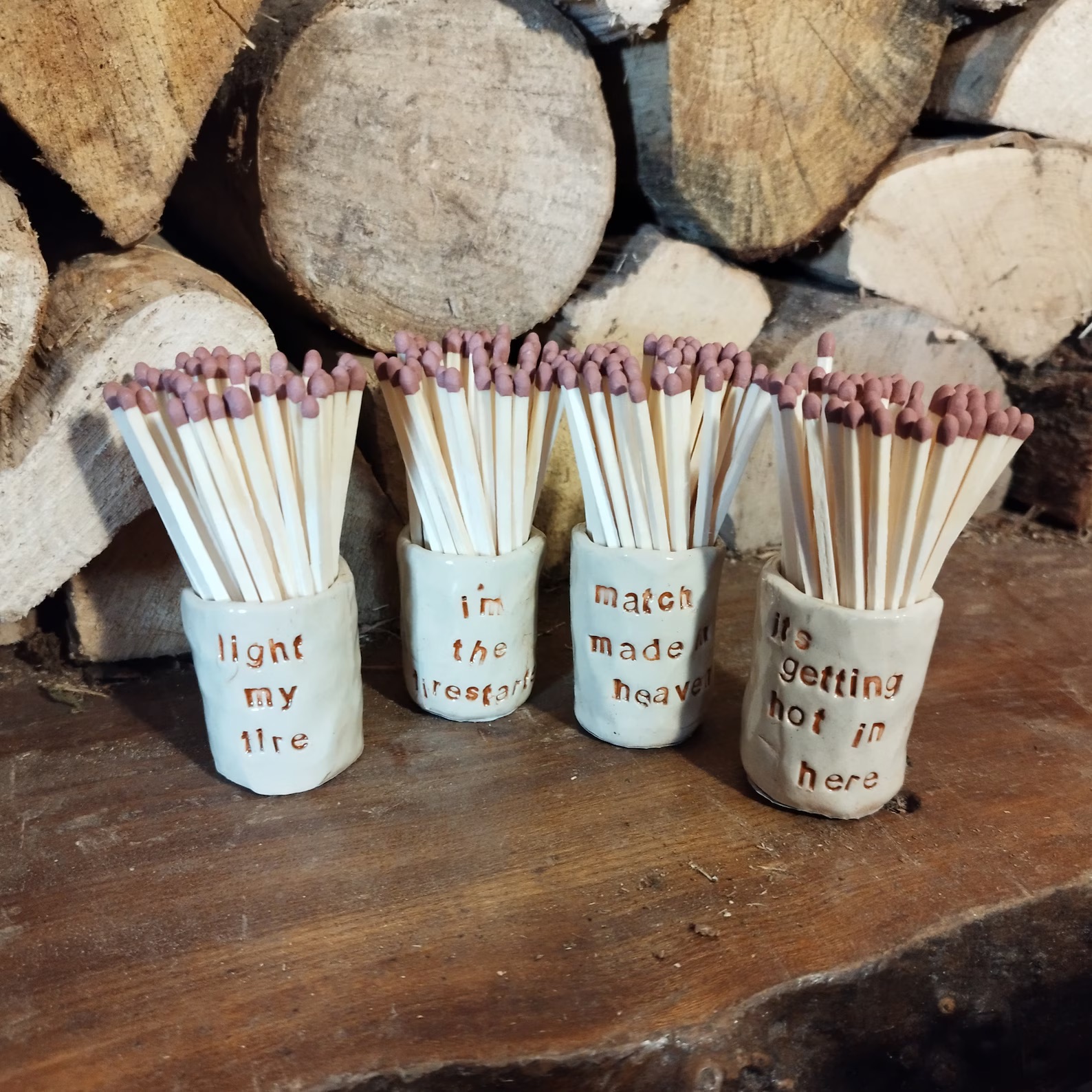 Handmade Ceramic Match Holder Strikers complete with matches & fun fire lighting puns words. Romantic Silly Winter Gift Idea. Short or Tall.